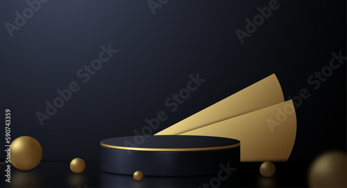 Realistic 3d cylinder pedestal podium. Abstract vector rendering geometric gplden forms. Pastel minimal scene. Stage for showcase, Product display photo