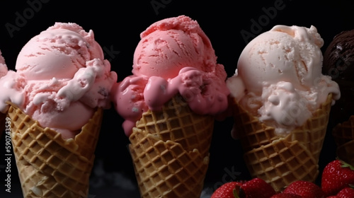 Ice cream cone flat lay over a dark background. White vanilla  strawberry and dark chocolate flavors