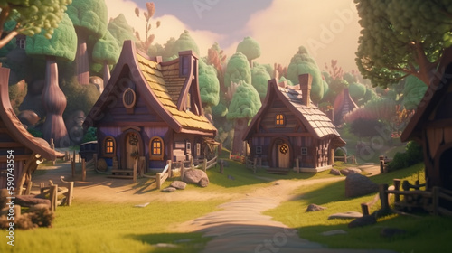3d computer graphics of a village with elves cottages