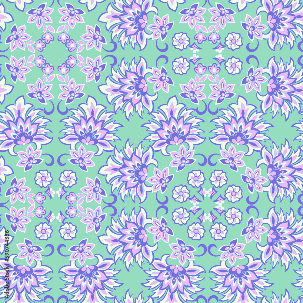 Seamless pattern with ethnic flowers. Vector Floral Illustration in asian textile style