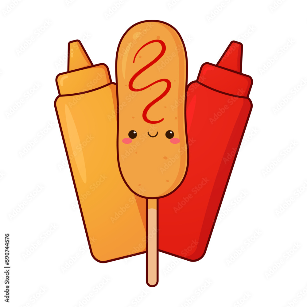 Cute corn dog with sauce bottle. Kawaii character. Cartoon vector ...