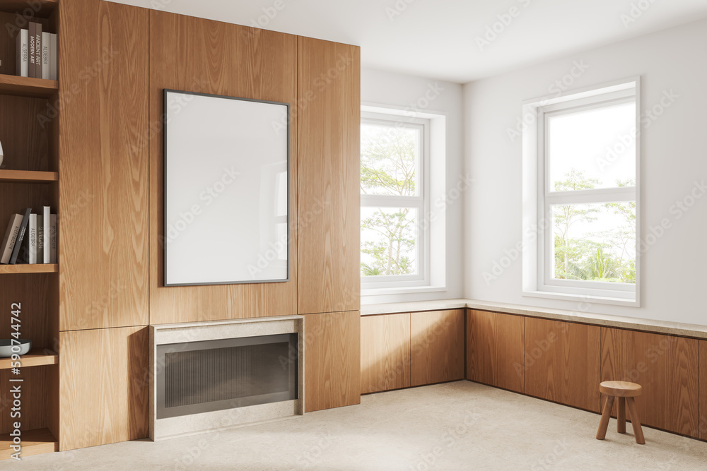 Fototapeta premium White and wooden living room with fireplace and poster