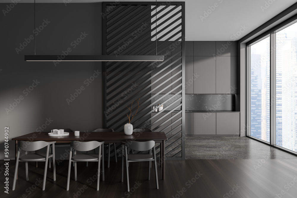 Fototapeta premium Dark gray kitchen and dining room interior