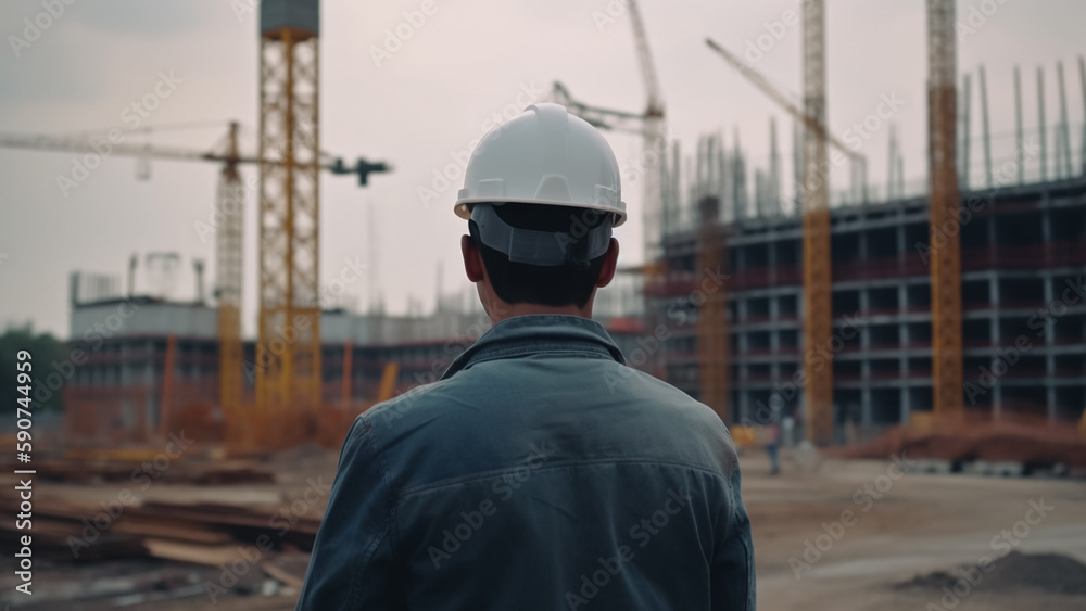 Close-up photo from the shoulder back of an engineer is standing in front of the mega project building construction site Close-up photo from the shoulder back of an engineer is standing in front of the mega project building construction site