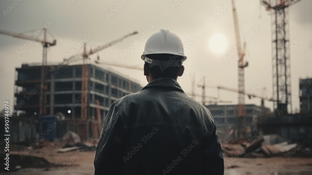 Close-up photo from the shoulder back of an engineer is standing in front of the mega project building construction site