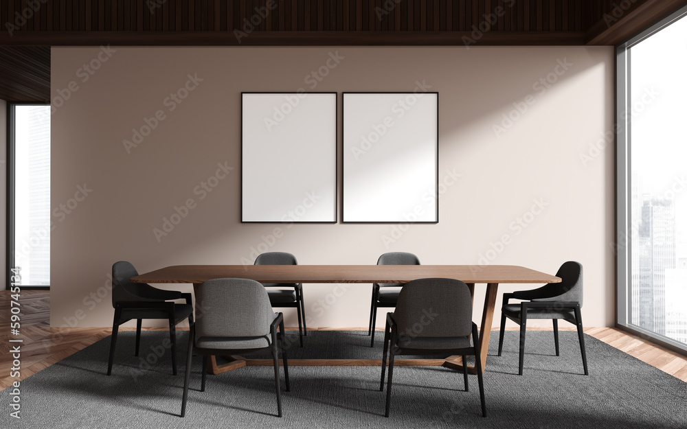 Fototapeta premium Beige and wooden dining room with posters