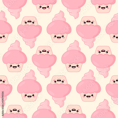 Kawaii cupcake seamless pattern. Adorable sweetie. Cute pink vector illustration.