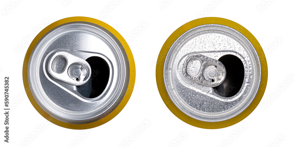 Aluminum can with drops and without, isolated on a white background. Top view. Beverages. Package. Aluminum can with drops and without, isolated on a white background. Top view. Beverages. Package.