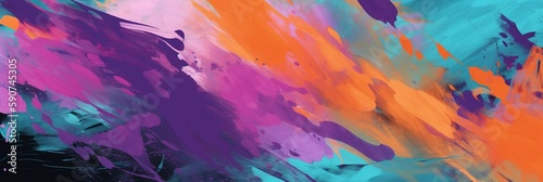 보라, 오렌지, 초록, 유화, 그림, 수채화.  AI 생성.