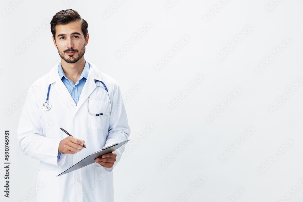 Man doctor in white coat with stethoscope and folder for notes and patient records smile and good test results look into camera on white isolated background, copy space, space for text, health Man doctor in white coat with stethoscope and folder for notes and patient records smile and good test results look into camera on white isolated background, copy space, space for text, health