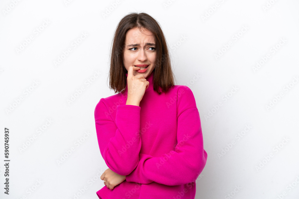 Young Ukrainian woman isolated on white background nervous and scared Young Ukrainian woman isolated on white background nervous and scared
