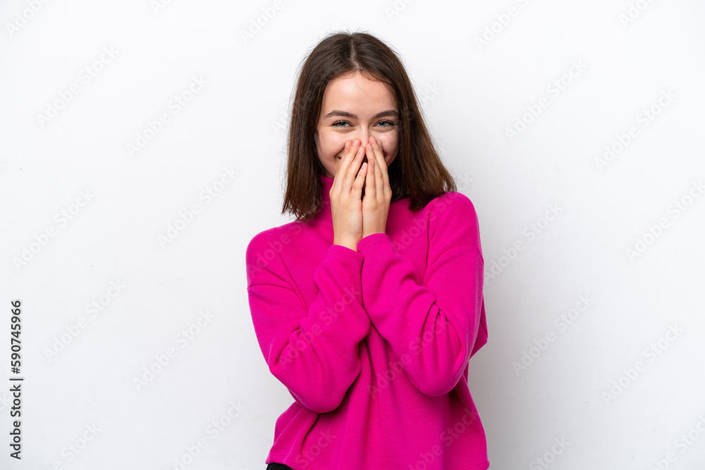 Young Ukrainian woman isolated on white background happy and smiling covering mouth with hands Young Ukrainian woman isolated on white background happy and smiling covering mouth with hands