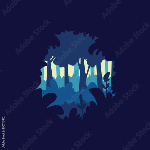 flat illustration of a forest silhouette showing depth through dark to light colors
