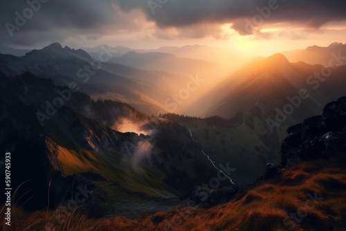 Beautiful valley in Northern mountains at sunset. Digitally generated AI image