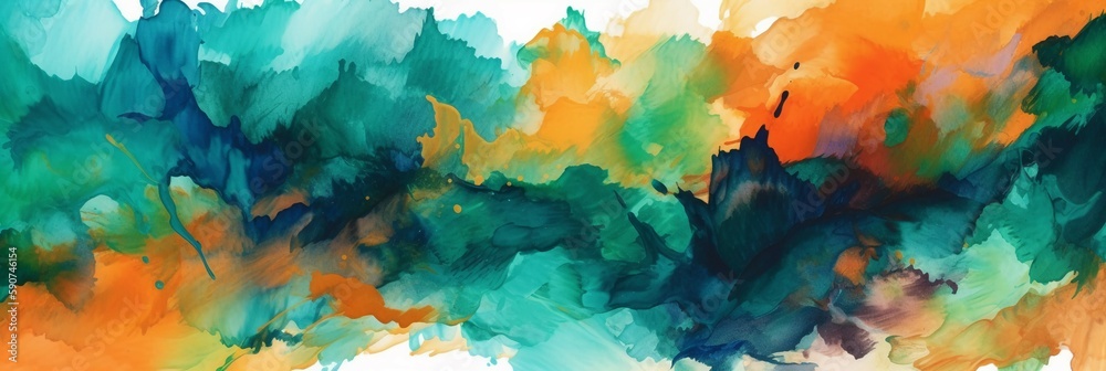 Naklejka premium 초록, 오렌지색 수채화 그림. AI 생성.