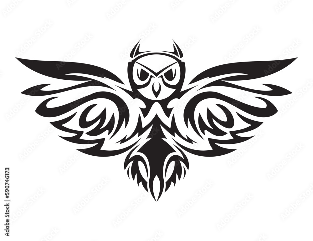 Fototapeta premium Minimal Black and White Hand-Drawn Owl abstract art. Flying Owl Logo Mascot with Open Wings and Claws in Sport Style. Isolated Illustration of a Wild Bird Design and Tattoo of bird graphics 