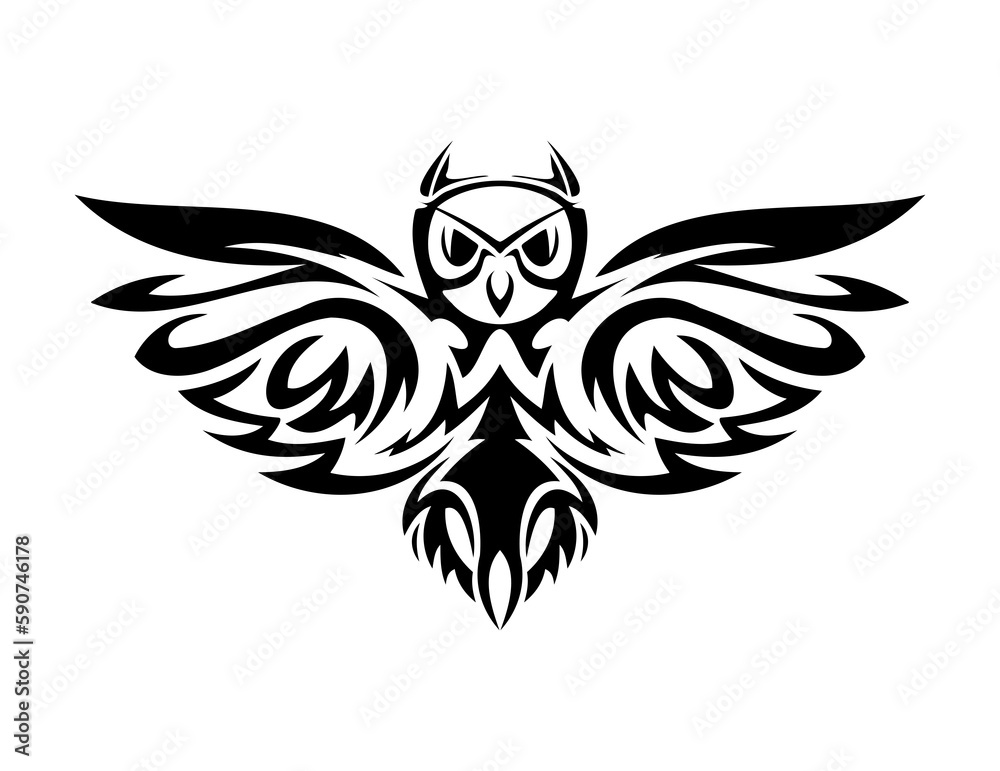 Obraz premium Transparent Owl tattoo Minimal Black and White Hand-Drawn Owl abstract art. Flying Owl Logo Mascot with Open Wings and Claws in Sport Style. Wild Bird Design and Tattoo of bird graphics 
