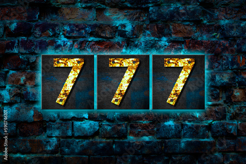 777. Digits made from rusty iron letters.On the vintage brick wall. Gambling, poker, Casino. Background.Design