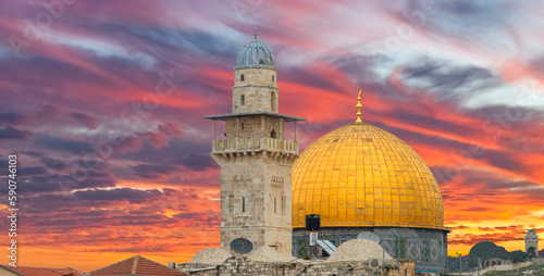 Dramatic clouds above  ancient Mosque of the Rock, the Mosque located in old city of Jerusalem and is the one of the known holiest site of Islam in the Middle East