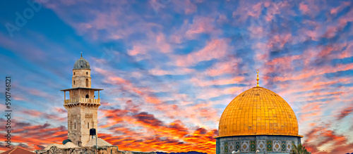 Dramatic sunrise above golden dome of Rock Mosque on Temple Mount in Jerusalem