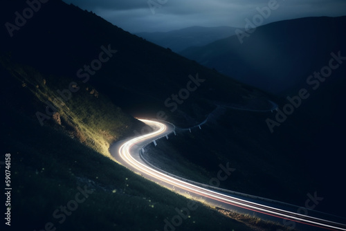 Night Drive on a Curvy Mountain Road with Long Exposure Light Trails