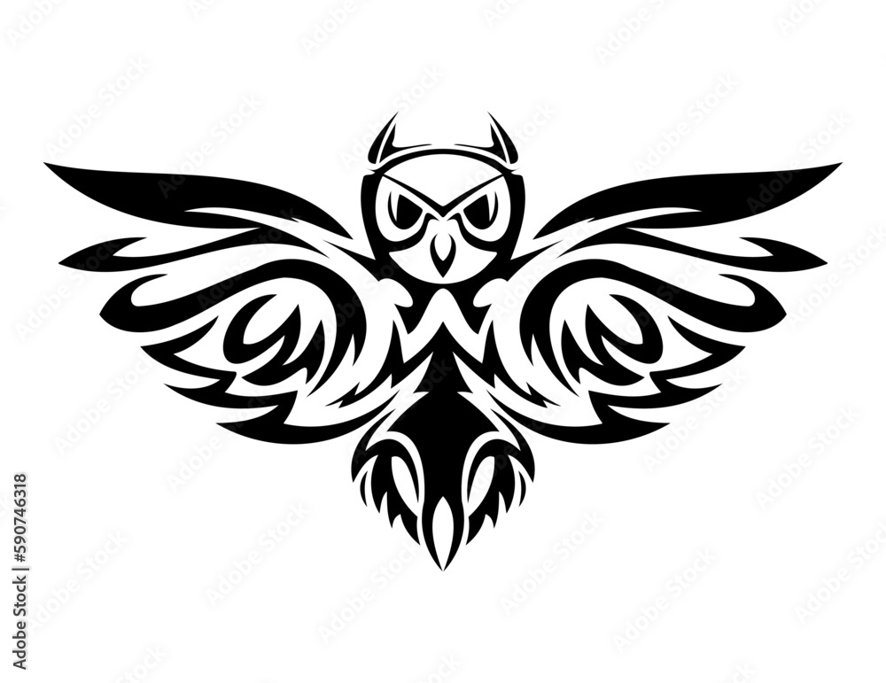 Obraz premium Editable Minimal Black and White Hand-Drawn Owl abstract art. Flying Owl Logo Mascot with Open Wings and Claws in Sport Style. Isolated Illustration of a Wild Bird Design and Tattoo of bird graphics