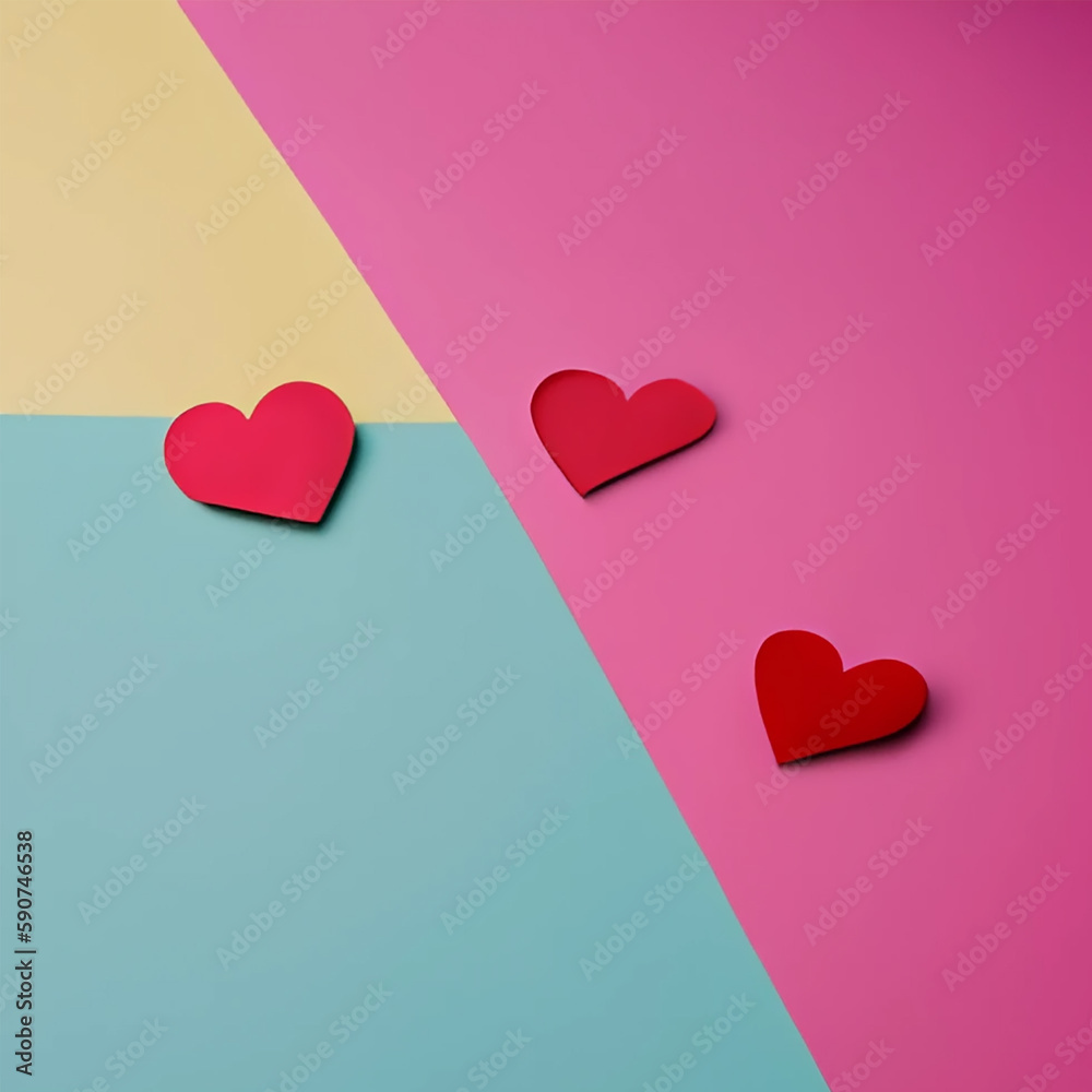 Red paper hearts on a colored background. Valentine's Day. Generative AI. Red paper hearts on a colored background. Valentine's Day. Generative AI.