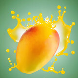 Ripe juicy mango in juice splash. Image for food design and graphic resources. Generative AI.