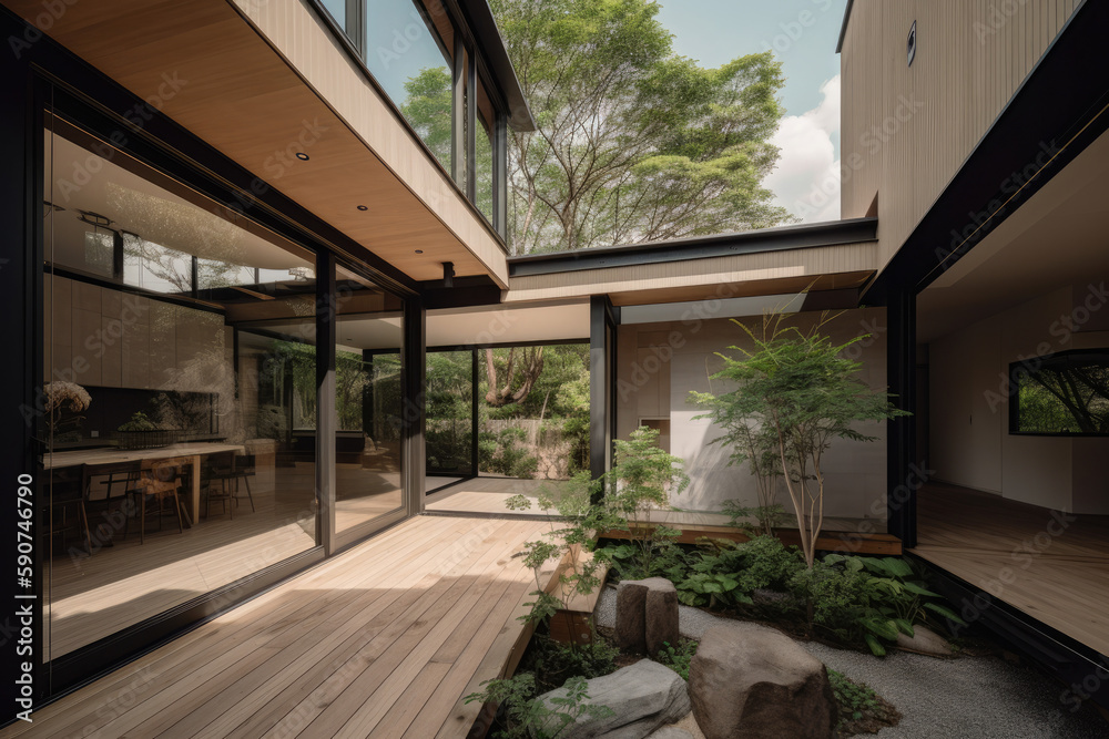 Beautiful japanese modern house with a garden, generative AI