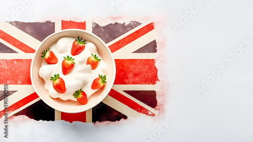 Natural strawberries with cream in a white elegant cream bowl on abstract Great Britain flag background. Food symbol of Wimbledon Grand Slam competition banner. Copy space. Generative ai