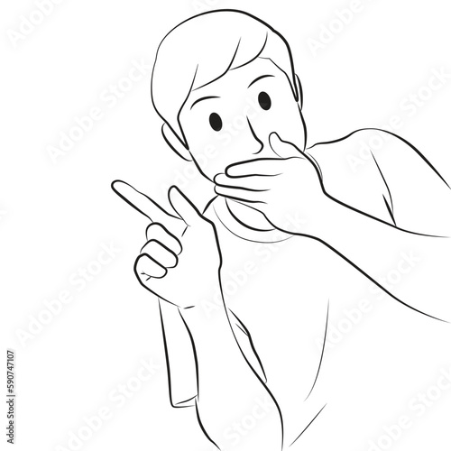 Man gesture point finger with close mouth cheerful emotion pose line cartoon illustration