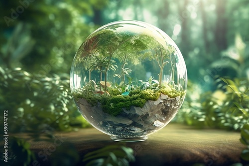Eco-Sphere: A Sustainable Ecosystem in a Glass Ball, sustainability and self-sustaining, Generative AI photo