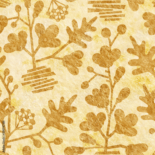 Seamless background with floral ornament. Grunge retro background for package design, wrapper, background and postcard. Seamless pattern with golden flowers on a crumpled paper background.