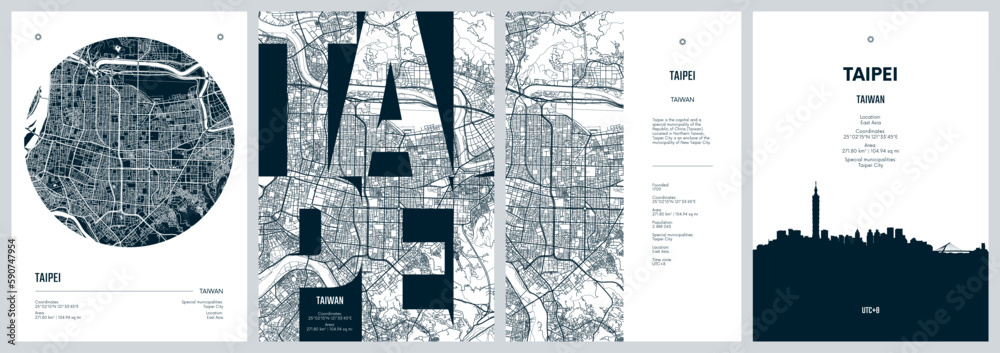 Naklejka premium Set of travel posters with Taipei, detailed urban street plan city map, Silhouette city skyline, vector artwork