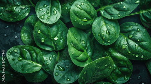 Spinach, adorned with glistening droplets of water. Generative AI