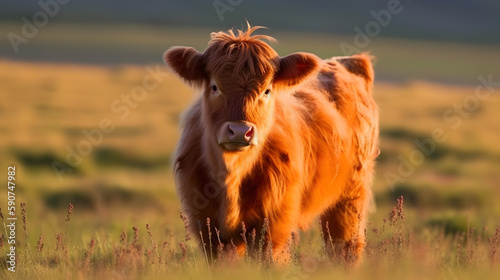 fluffy cow in beautiful plain field