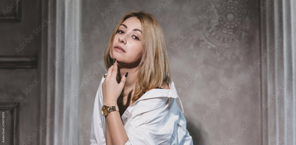 Fototapeta premium Sensual woman portrait, transfer of expression of feelings and expression, seductive pose 