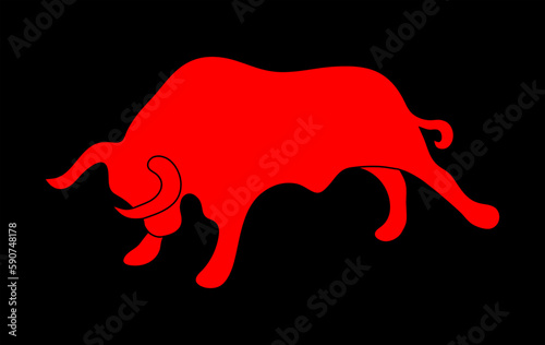 Red silhouette of a raging bull over black background