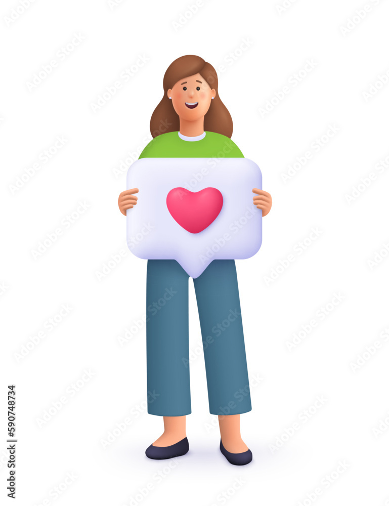 Young smiling woman holding speech bubble with heart like symbol. Social media concept. 3d vector people character illustration.Cartoon minimal style. Young smiling woman holding speech bubble with heart like symbol. Social media concept. 3d vector people character illustration.Cartoon minimal style.