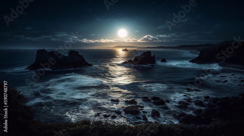 moonrise scene over the vast ocean with rocky cliffs and foamy waves crashing on the shore. The dark sky is illuminated by the bright moon and twinkling stars,