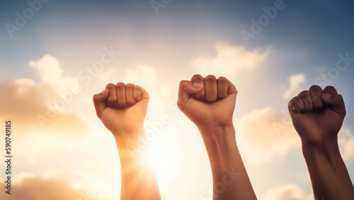 Rising fist of adult people, male, and female, over-dramatic blue sky with sunlight