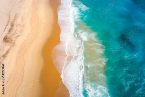 Aerial view to tropical sandy beach and blue ocean. Top view of ocean waves reaching shore on sunny day. Generative AI.