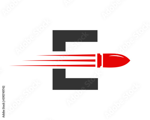 Letter E Shooting Bullet Logo With Concept Weapon For Safety and Protection Symbol
