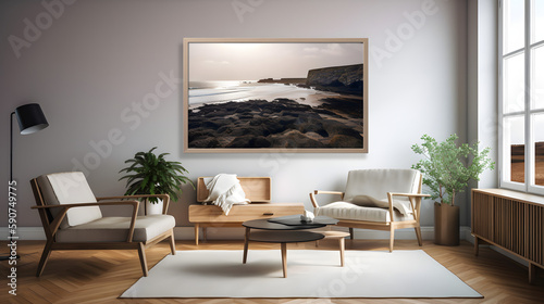 one large framed photograph on a wall, large space