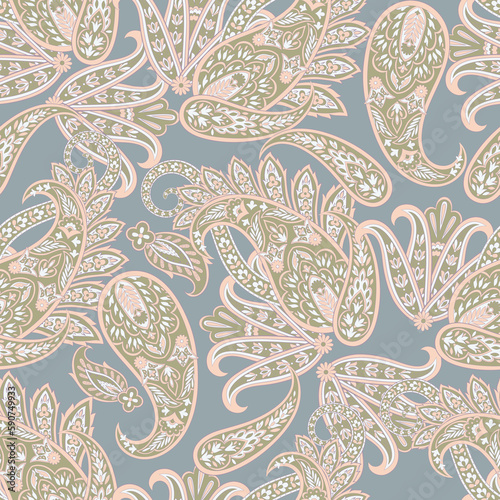 Turkish Cucumber Paisley. Seamless pattern in traditional oriental style with flowers, leaves and fantasy elements. Fabric and wallpaper cover