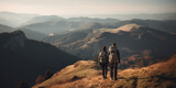 couple trekking in the mountains, hikers, beautiful lendscape, holiday