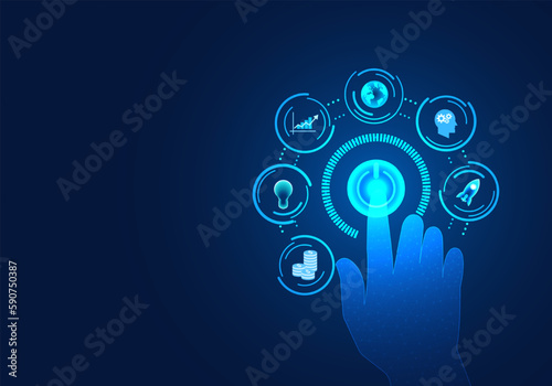 Businessman's finger is pressing the open button This Refers to modern business with the introduction of smart technology to help manage the company in order to grow its business beyond it competitors