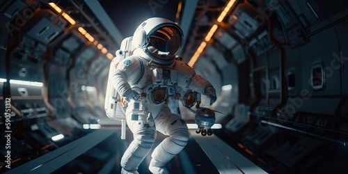 Astronaut in a spacecraft interior, generative ai