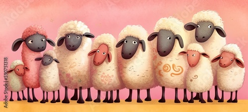 A group of cute fluffy pink sheep, generative AI © FrankBoston