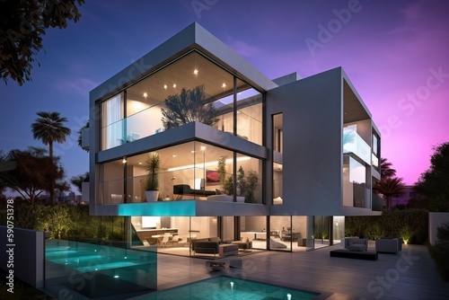 Modern luxury home with garden and pool at blue hour, generative ai © FrankBoston